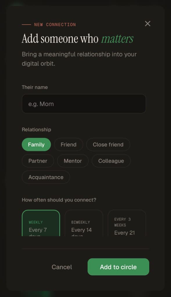 Add someone who matters modal in dark mode with relationship chips and cadence options