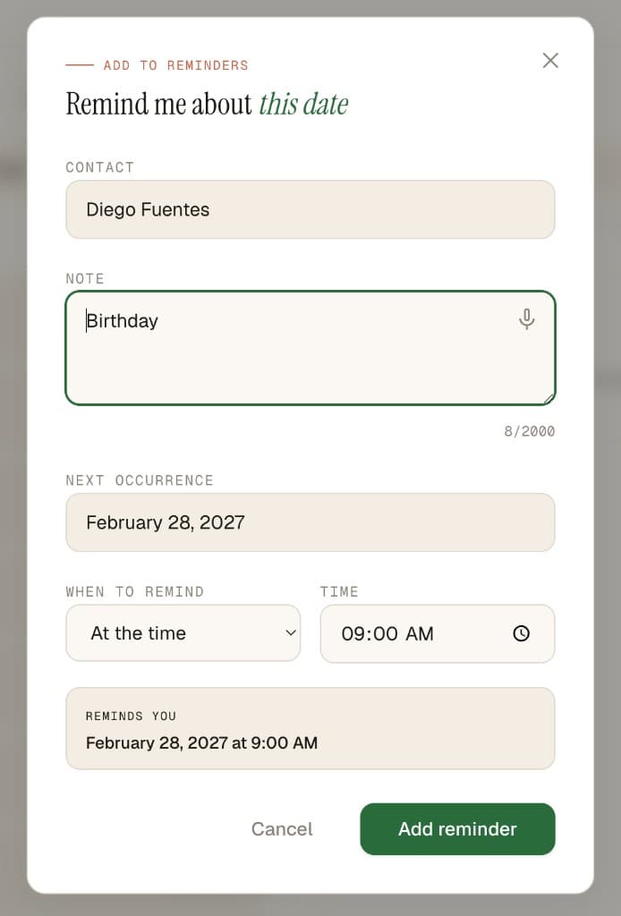 Add to reminders modal in light mode with contact, note, when to remind, and reminds you preview