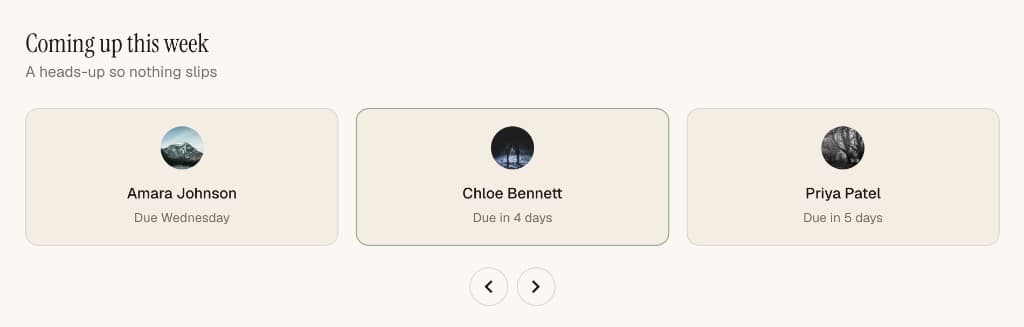 Coming up this week carousel in light mode with contacts due soon