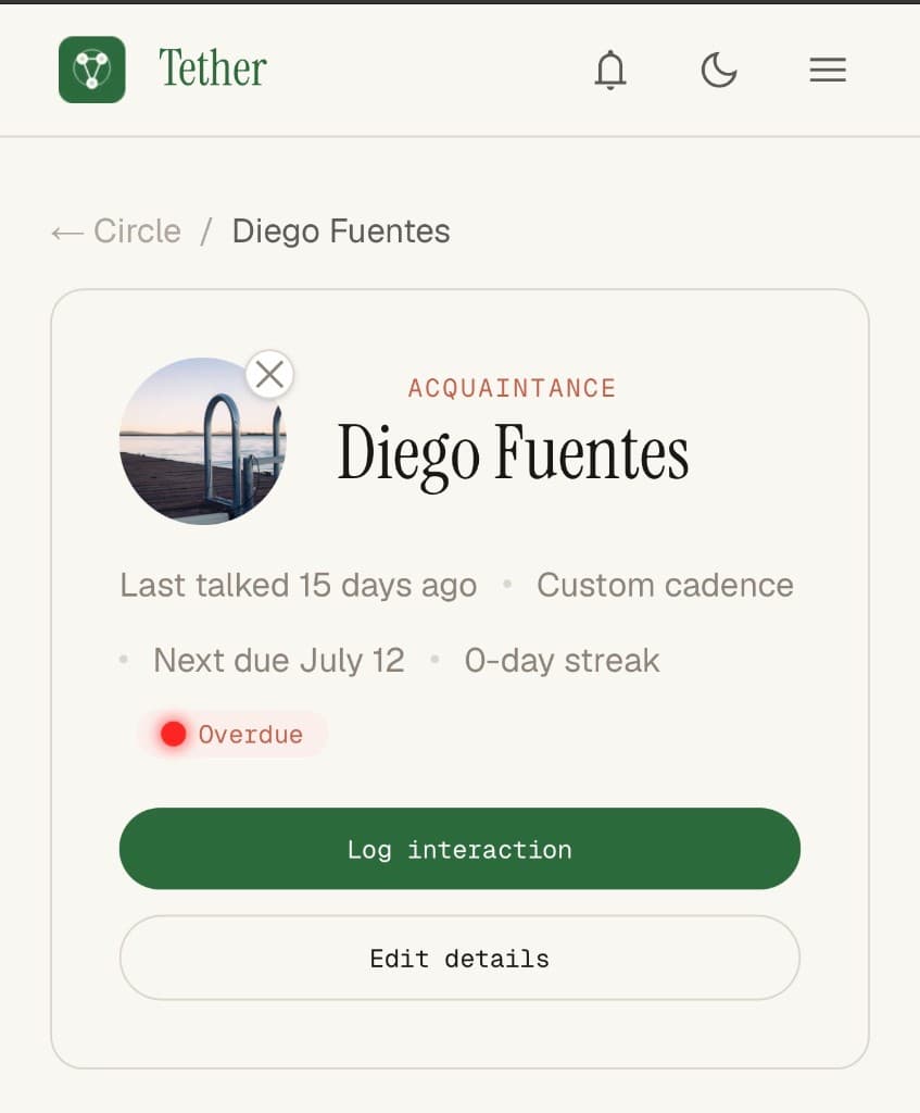 Contact profile in light mode showing last talked, custom cadence, and overdue status