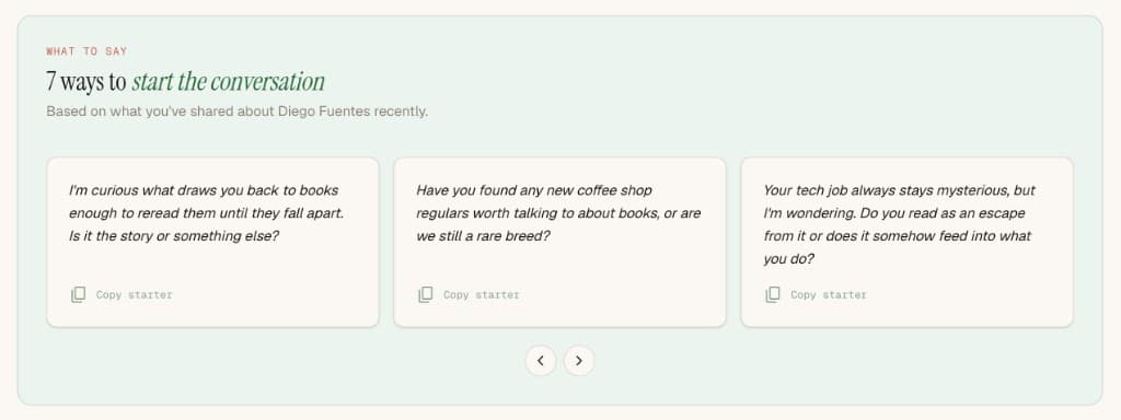 Conversation starters in light mode with copy starter actions