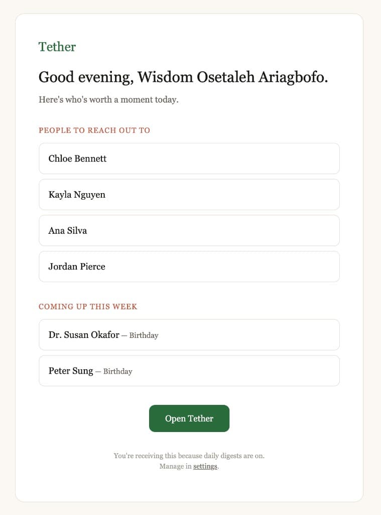 Daily digest email listing people to reach out to and upcoming birthdays