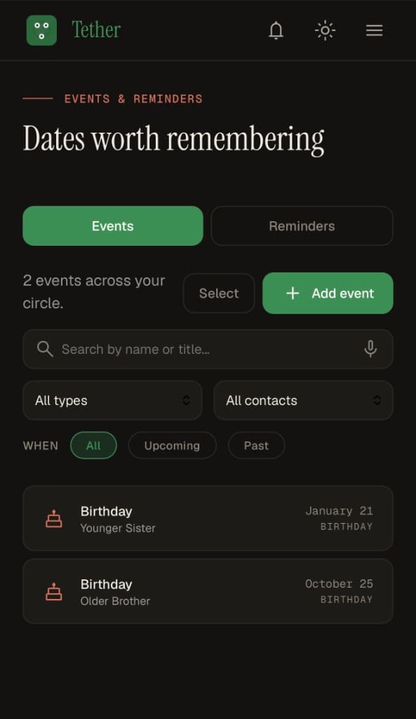 Events list in dark mode with birthdays for people in your circle