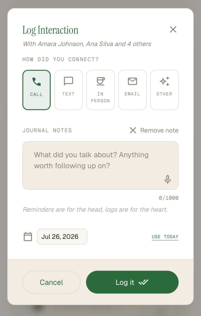 Log interaction modal in light mode with connection types, journal notes, and date