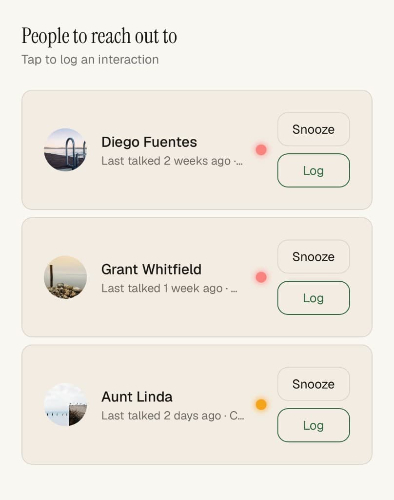 Tether dashboard in light mode showing people to reach out to with Snooze and Log actions