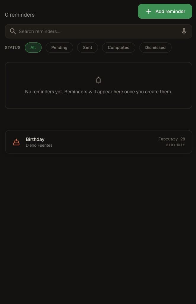 Reminders board in dark mode with search, status filters, and a birthday reminder