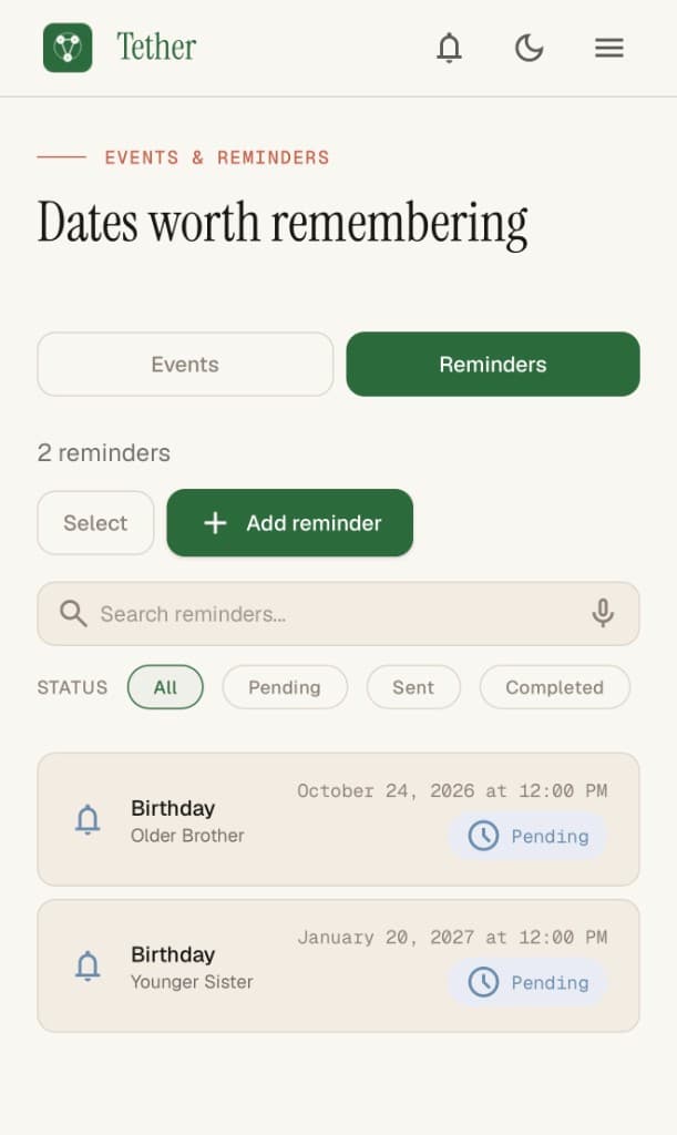 Reminders tab in light mode with pending birthday reminders
